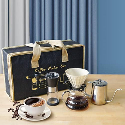 SOTECH Pour Over Coffee Maker Set, Manual Coffee Kit with 600ml Gooseneck Kettle, Filter Holder, Glass Server & Paper Filters, Portable Outdoor Coffee Dripper Gift Set