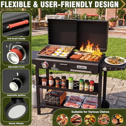 Bestfire Dual Fuel Gas & Charcoal Grill Combo, 327 Sq.In Propane Flat Top Griddle w/Cast Iron Griddle, Dual Lids, Side Shelves, Outdoor Griddle for Small Gatherings & Cookouts
