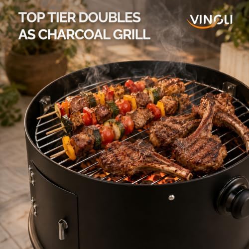 VINGLI 18 Inch Multi-Layer Charcoal BBQ Smoker Grill, Heavy Duty Round Grill, Vertical Smoker with Thermometer, for Outdoor Cooking, Patio, Parties, Backyard