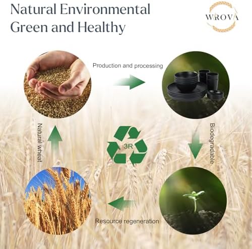 Wrova Wheat straw dinnerware sets of 16-10 inches plates,26oz bowls,2oz dipping bowls,12oz cups - Unbreakable plates and bowls sets microwave safe and dishwasher safe,service for 4. Black