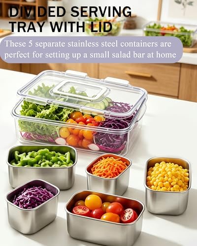 Snackle Box Container, Stainless Steel Divided Serving Tray with Lid and Handle, Large Snack Tray for Fruit Veggie Candy, 5-Compartment Snack Platter for Travel Party Beach Picnic