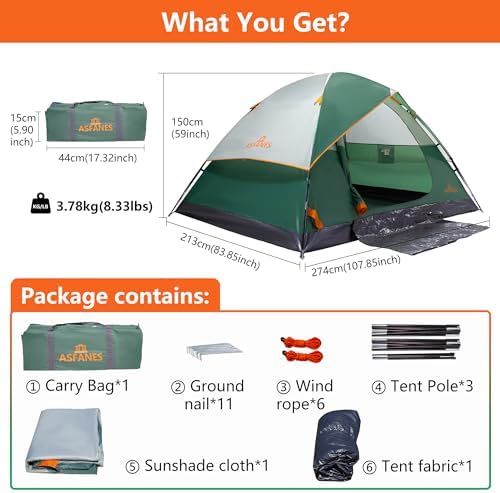 ASFANES Tents for Camping 2/4/6 Person Camping Dome Tent, Waterproof,Spacious, Lightweight Portable Backpacking Tent for Outdoor Camping/Hiking
