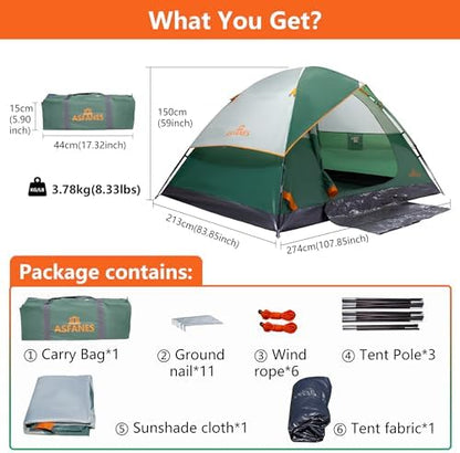 ASFANES Tents for Camping 2/4/6 Person Camping Dome Tent, Waterproof,Spacious, Lightweight Portable Backpacking Tent for Outdoor Camping/Hiking
