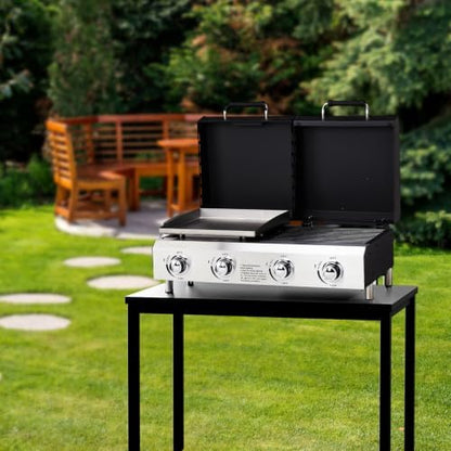 ROVSUN 4 Burner Propane Gas Grill & Griddle Combo, 40000 BTU Tabletop Flat Top Griddle & BBQ Grill with Ignition, Lids & Portable Cart for Outdoor Backyard Cooking Barbecue