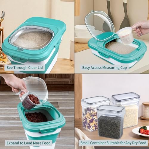 Komzon Rice Storage Container, Collapsible Airtight Food Storage Containers 6-20 Lbs, Rice Dispenser with Measuring Cup and Small Bin for Flour Cereal Pasta Grain, Cat Pet Dog Bird Food Container