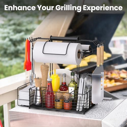 Grill Caddy for Outdoor Grill with 2 Paper Towel Holders,Barbecue Tool Sets Storage Organizer,BBQ Caddy for Outdoor Grill with 9 Compartments & 8 Hooks,Picnic Caddy Grilling Gifts for Men (16.6Inch)