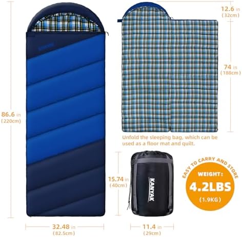 Cotton Flannel Lined Sleeping Bag for Adults Teens Kids, Cold Weather & Warm, 3 Seasons, Lightweight Compact Camping Essentials Equipment, Hiking, Outdoor, Travel