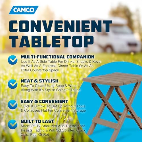 Camco Adirondack Portable Outdoor Camping Small Weatherproof Rustproof Durable Plastic Folding Side Table for Indoor and Outdoor Use, Taupe