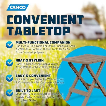 Camco Adirondack Portable Outdoor Camping Small Weatherproof Rustproof Durable Plastic Folding Side Table for Indoor and Outdoor Use, Taupe