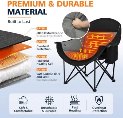 Heated Camping Chair - Oversized Outdoor Folding Chair for Adults