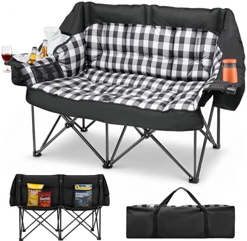 HOPERAN Double Camping Chair 800lbs Camping Couch Folding Loveseat, Black