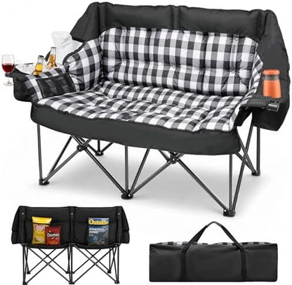 HOPERAN Double Camping Chair 800lbs Camping Couch Folding Loveseat, Black