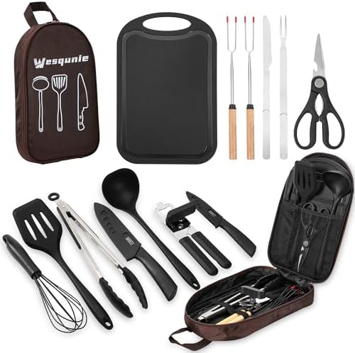 Camping Essentials Cookware Cooking Utensils Set - Portable Camp Kitchen Mess Kit Outdoor Accessories, Stainless Steel & Silicone, Camping Gear Equipment for RV Picnic Grill, Brown