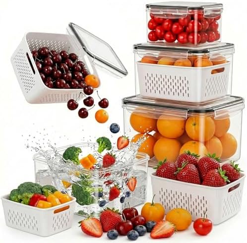 4 Pack Fruit Storage Containers for Fridge with Removable Colanders，4 in 1 Produce Storage Containers with Lids, Leakproof Fridge Organizer Bins for Salad Berry Lettuce Vegetables Meat Keeper Fresh