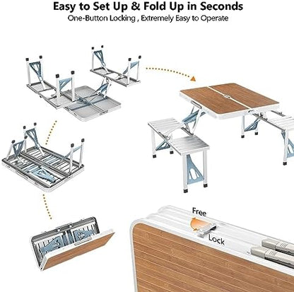VINGLI 4 Ft Camping Picnic Table Set with 4 Seats with Umbrella Hole Folding Lightweight Suitcase Card Table-220 Lbs Support Aluminum Frame, Plastic RV Tabletop for Barbecue,Travel,Outing,Gathering