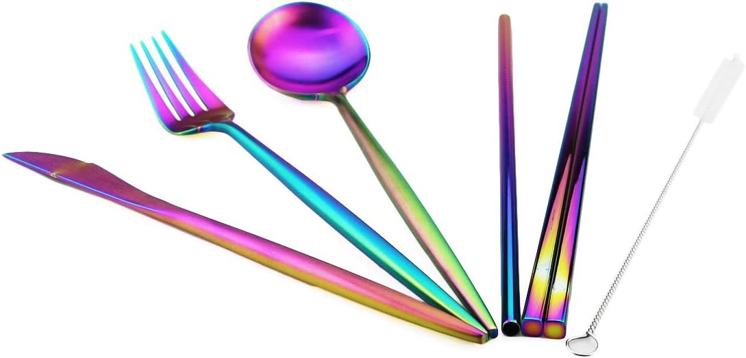 Gugrida Luxury Rainbow Matte Portable 18/10 Stainless Steel Travel Flatware Sets of 7 Portable Camping Cutlery Set, Healthy & Eco-Friendly Flatware Set with Carrying Case for Travel or Camping