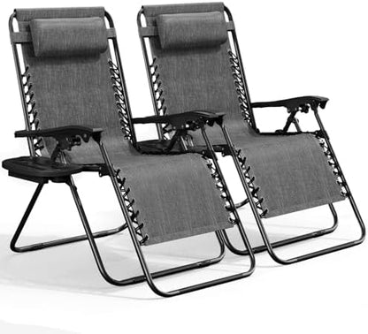 Nestl Zero Gravity Chairs Set of 2, Patio Lounge Chair Outdoor with Pillows & Cup Holder Trays, Adjustable Steel Mesh Reclining Camping Chair, Folding Patio Lawn Chair for Deck, Beach, Yard - Grey