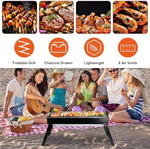 Foldable Charcoal BBQ Grill, 21.8x8.8x12in Portable Grill Charcoal with Side Table, Stainless Steel BBQ Grill, Easy Setup Tabletop Barbecue Grill for Camping Picnic Outdoor Party Backyard Travel