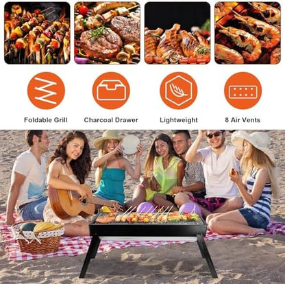 Foldable Charcoal BBQ Grill, 21.8x8.8x12in Portable Grill Charcoal with Side Table, Stainless Steel BBQ Grill, Easy Setup Tabletop Barbecue Grill for Camping Picnic Outdoor Party Backyard Travel