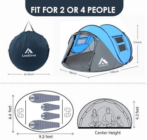 4 Person Easy Pop Up Tent Waterproof Automatic Setup 2 Doors-Instant Family Tents for Camping Hiking & Traveling