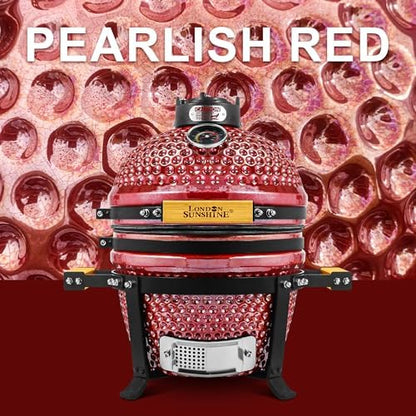 London Sunshine Ceramic BBQ Charcoal Kamado Grill 13 inch Portable Tabletop BBQ Grill with Stainless Steel Grates, pearlescent red