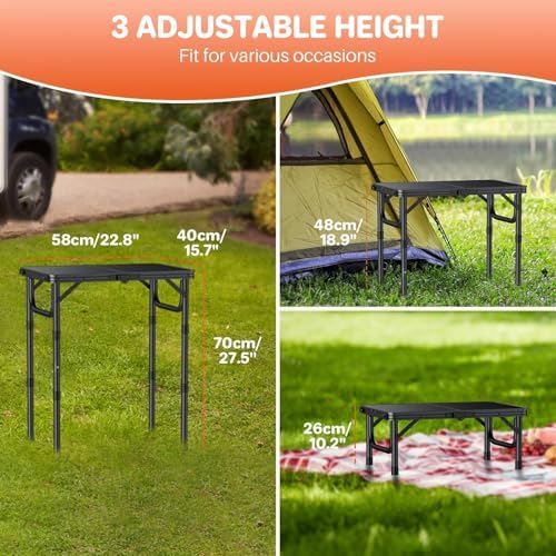 FUNYKICH 2ft Small Folding Camping Table(22.8'' Lx15.7'' W), 3 Height Adjustable Portable Picnic Table, Lightweight Aluminum Outdoor Table with Carry Handle for Camping, BBQ, Beach, Picnic, Black