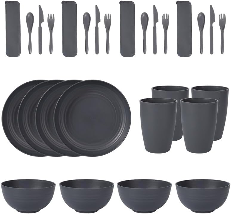 28pcs Dinnerware Reusable Sets for 4 - Perfect for Picnic, Dorm,Camping Plates Cups and Bowls Set -Dark Grey