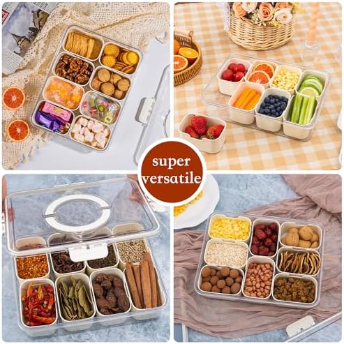 WACOI Divided Snack Serving Tray with Lid and Handle Travel Snackle Charcuterie Container Portable Storage Organizer for Candy, Fruits, Nuts, Snacks, Party, Picnic 2 Packs White