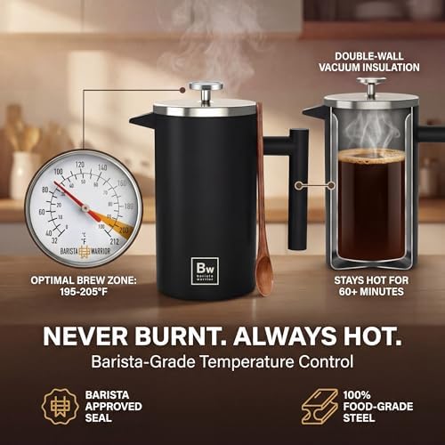 Barista Warrior French Press Coffee Maker - Double-Wall Stainless Steel Insulated French Press with Built-In Thermometer, Dual Filters Coffee Maker with Wooden Spoon - Black