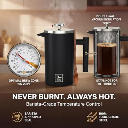 Barista Warrior French Press Coffee Maker - Double-Wall Stainless Steel Insulated French Press with Built-In Thermometer, Dual Filters Coffee Maker with Wooden Spoon - Black