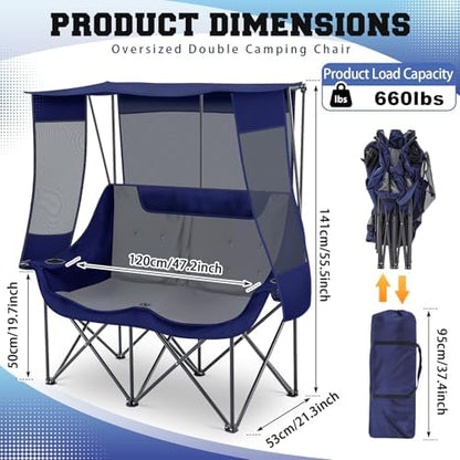 Teenyyou Double Camping Chair with Canopy 660lbs Heavy Duty, Blue and Grey