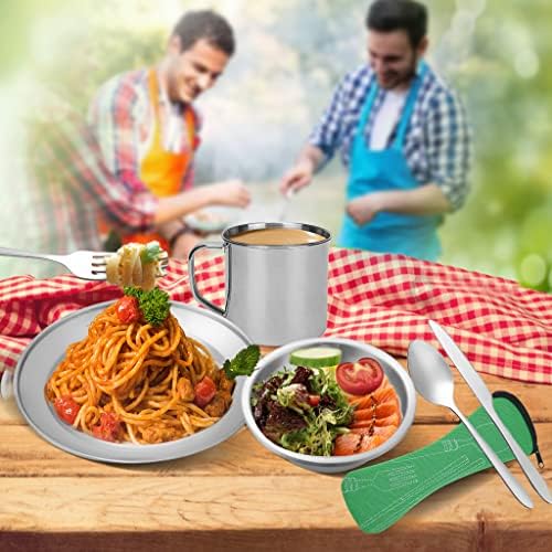 Stainless Steel Camping Cutlery Set - 8 Piece, Includes Spoons, Mugs, Bowls, Plates, Rags & Organizer Straps - Easy to Carry for Backpacking, Camping, Hiking and Picnics