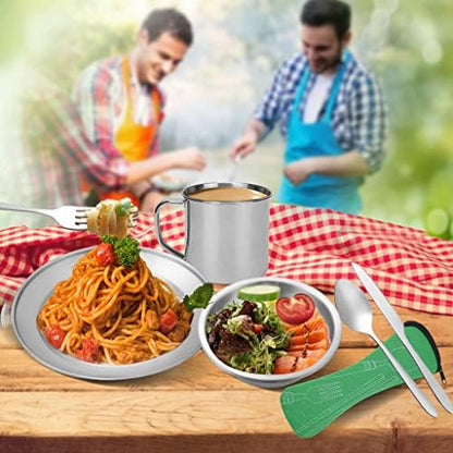 Stainless Steel Camping Cutlery Set - 8 Piece, Includes Spoons, Mugs, Bowls, Plates, Rags & Organizer Straps - Easy to Carry for Backpacking, Camping, Hiking and Picnics