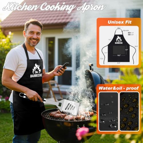 ROMANTICIST 26pcs Grilling Gifts for Men, Dad Gifts for Father's Day, Stainless Steel BBQ Grill Accessories Tools Set, Heavy Duty BBQ Utensils Kit with Apron, Thermometer, Mats in Aluminum Case Black