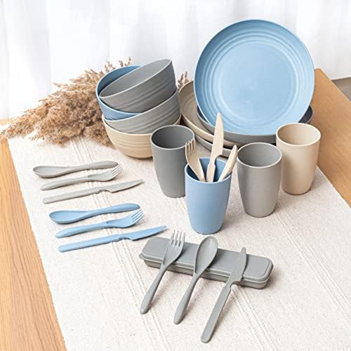 FOODLE Wheat Straw Dinnerware Set - RV, Camping Plates Cups and Bowls Set