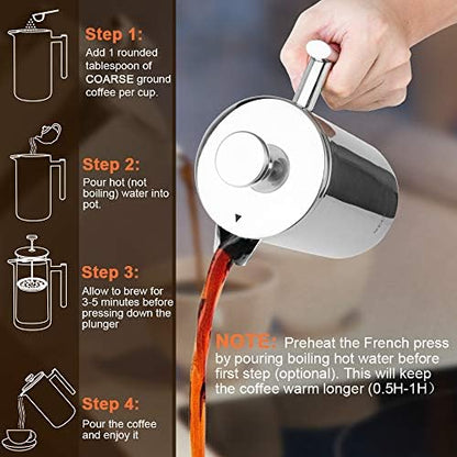 Secura French Press Coffee Maker, 304 Grade Stainless Steel Insulated Coffee Press with 2 Extra Screens, 17oz (0.5 Litre), Silver