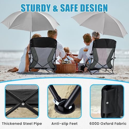 Folding Beach Chair with Umbrella for Adults, 2 Pack Portable Low Beach Chairs with 300lbs Capacity, Lightweight Fodable Camping Chair for Travel, Picnic, Concert & Outdoor Activities, Black-Grey