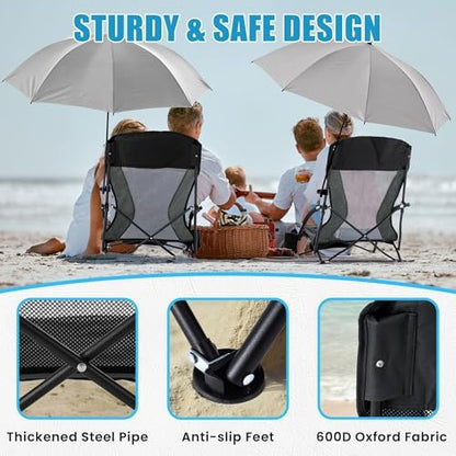 Folding Beach Chair with Umbrella for Adults, 2 Pack Portable Low Beach Chairs with 300lbs Capacity, Lightweight Fodable Camping Chair for Travel, Picnic, Concert & Outdoor Activities, Black-Grey