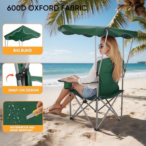 Northroad 2 Pack Folding Camping Chairs with Canopy Shade, Beach Chair with Cup Holders, Phone Holder, Armrests & Carry Bag for Outdoors Travel Sports Fishing, Purple & Green