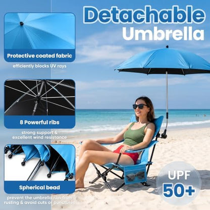 HaSteeL Low Beach Chairs, 2Pcs Camping Chairs with Umbrellas - Blue
