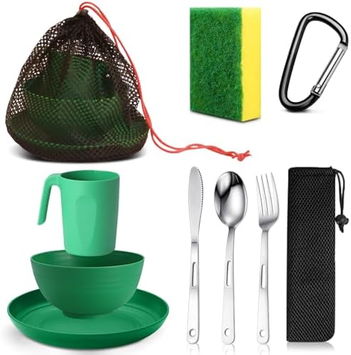 Scout Camping Mess Kit for Person Boy Scout Dishes Set Girl Scout Mess Kit with Mesh Bag Reusable Light Weight Eating Utensils Plastic Camping Cutlery Set for Travel Camp