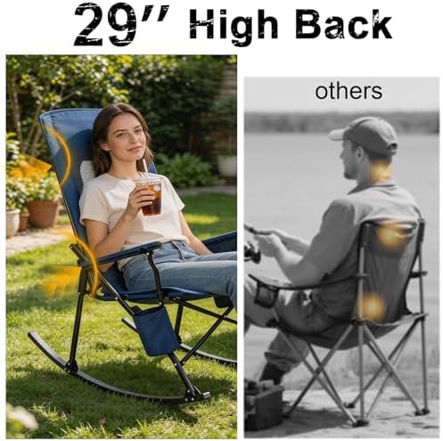 Romswi 2 Pack Rocking Camping Chair for Adult 400LBS Capacity, Heavy Duty Folding Rocking Chairs, Portable Outdoor Rocker with High Back & Hard Armrests for Camping, Beach, Patio, Backyard, Mesh Blue