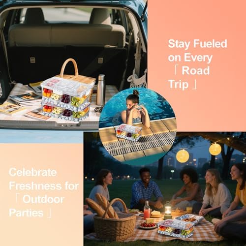 Chilled Snackle Box Container with Ice Tray - 8 Compartment Serving Tray with Lid & Handle, Leak-Proof & Odor-Free Snack Box, Portable Cold Food Platter for Picnic, Party, Travel, Road Trip