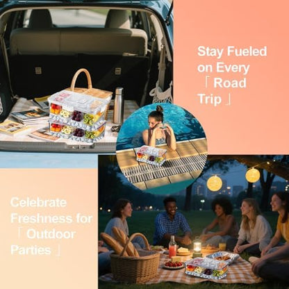 Chilled Snackle Box Container with Ice Tray - 8 Compartment Serving Tray with Lid & Handle, Leak-Proof & Odor-Free Snack Box, Portable Cold Food Platter for Picnic, Party, Travel, Road Trip