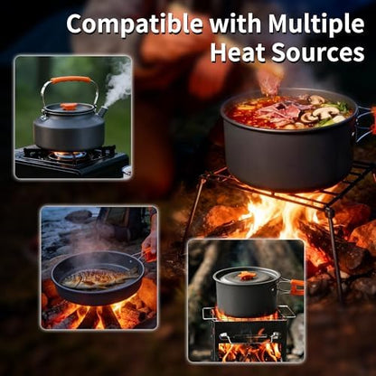 Collapsible Camping Cookware Set, Portable 4-in-1 Outdoor Camping pots and Pans Set with Nonstick Frypan, Pot, Kettle & Carry Bag, Hard-Anodized Aluminum for Camping, Hiking (2-6 Person)