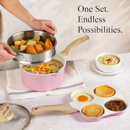CAROTE 21pcs Ceramic Cookware Set, Pots and Pans Set, Pink