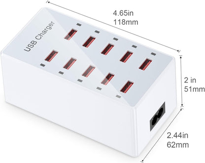 USB Charger 10-Ports Charging Station for Multiple Devices USB Wall Charger Power Hub Strip Smart Plug Charging Dock Block Compatible for iPhone Xs/XR,iPad,iPod,Smart Phones