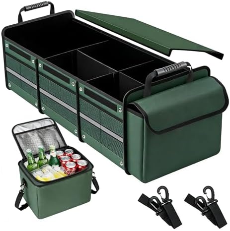 Car Trunk Organizer with Removable Cooler Bag - Collapsible Multi-Compartment Storage for SUV Truck Groceries Camping, Durable Nylon Auto Cargo Organizer (Green)