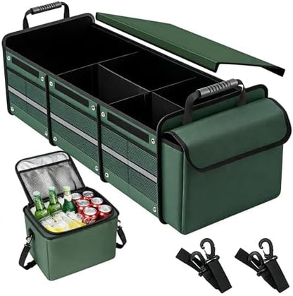 Car Trunk Organizer with Removable Cooler Bag - Collapsible Multi-Compartment Storage for SUV Truck Groceries Camping, Durable Nylon Auto Cargo Organizer (Green)
