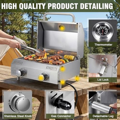 Bestfire Tabletop 2-Burner Gas Grill, 20,000 BTU Stainless Steel Portable Propane Grill, Removable Legs, Push-Button Ignition, Thermometer, for Outdoor Patio, Camping, Tailgating & RV